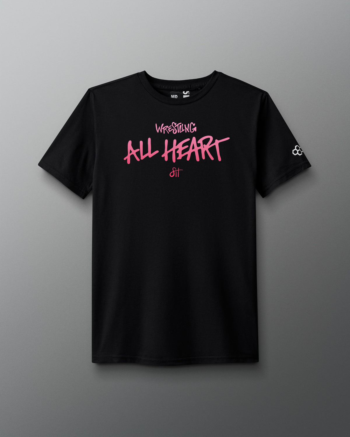 Black t-shirt with pink text on a gray background