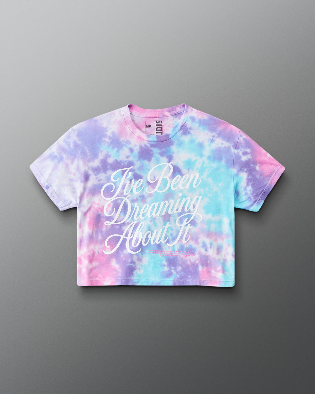A short-sleeve crop top t-shirt featuring a pastel tie-dye pattern in pink, purple, and blue, with the phrase 'I've Been Dreaming About It' printed in white script across the front. The brand 'RUDIS' is visible on the inner neck label.