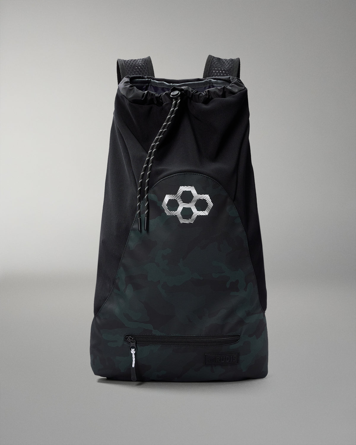 green camo drawstring bag with a geometric logo on a gray background