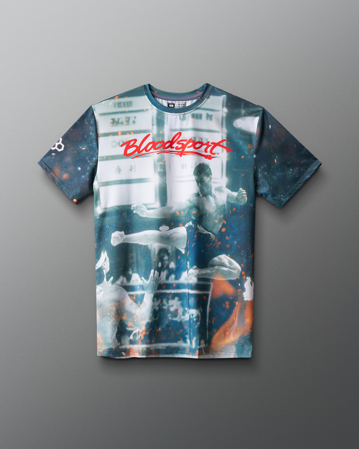 T-shirt with graphic design and 'Bloodsport' text on a gray background