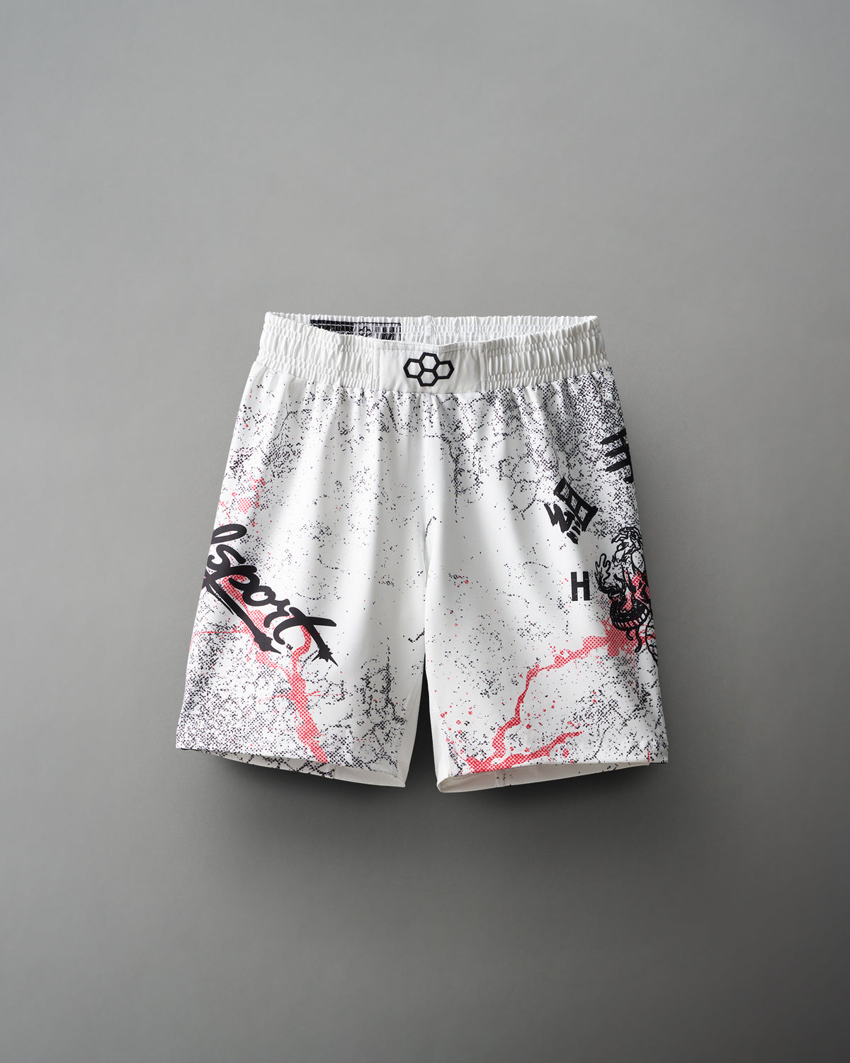 White wrestling shorts with RUDIS hex logo and 'BloodSport' word mark on side
