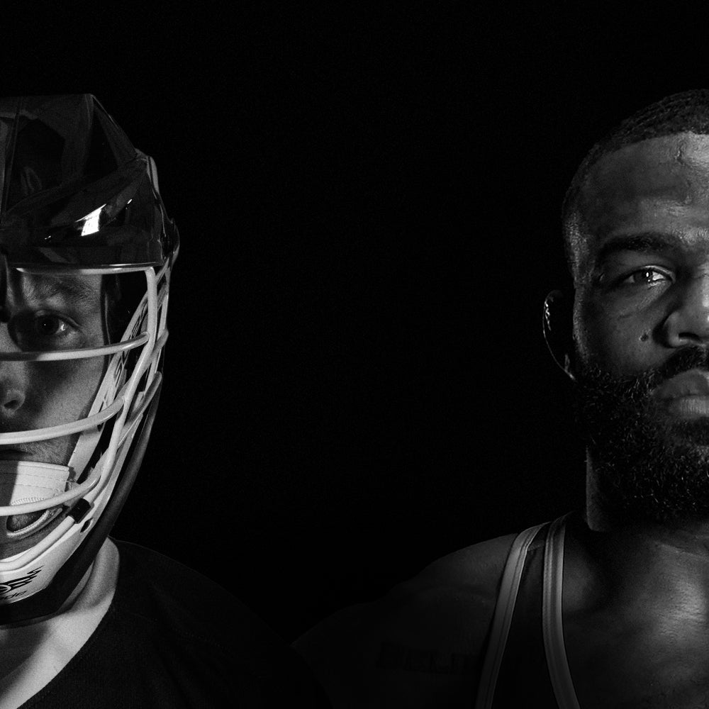 Lacrosse player and wrestler side by side, representing RUDIS performance apparel and gear built for athletes, competitors, and champions across every sport.