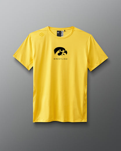 A gray Iowa Wrestling Performance T-Shirt with a graphic on the front showing the Iowa wrestling team logo and the brand Spencer-Lee.