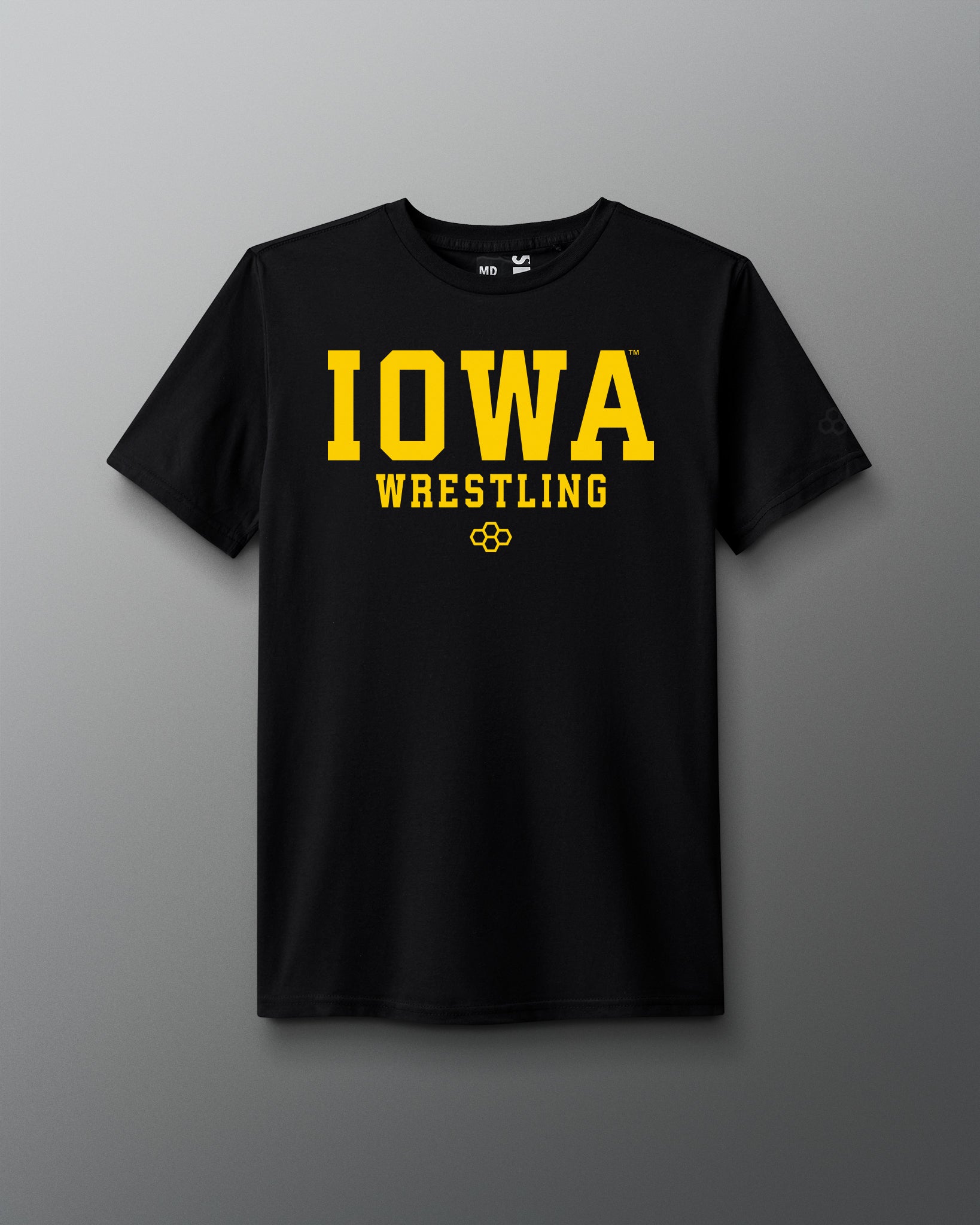 Front view of a black T-shirt featuring bold yellow text that reads ‘IOWA Wrestling’ with a small yellow RUDIS hexagon logo underneath.