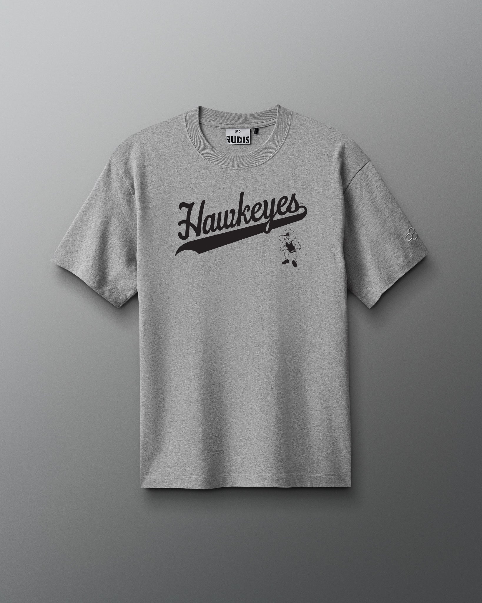 Gray t-shirt with 'Hawkeyes' text on a gray background - black iowa hawkeyes wrestling mascot logo