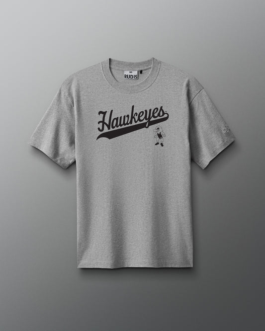 Gray t-shirt with 'Hawkeyes' text on a gray background - black iowa hawkeyes wrestling mascot logo