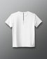 White t-shirt with a small black logo on a gray background