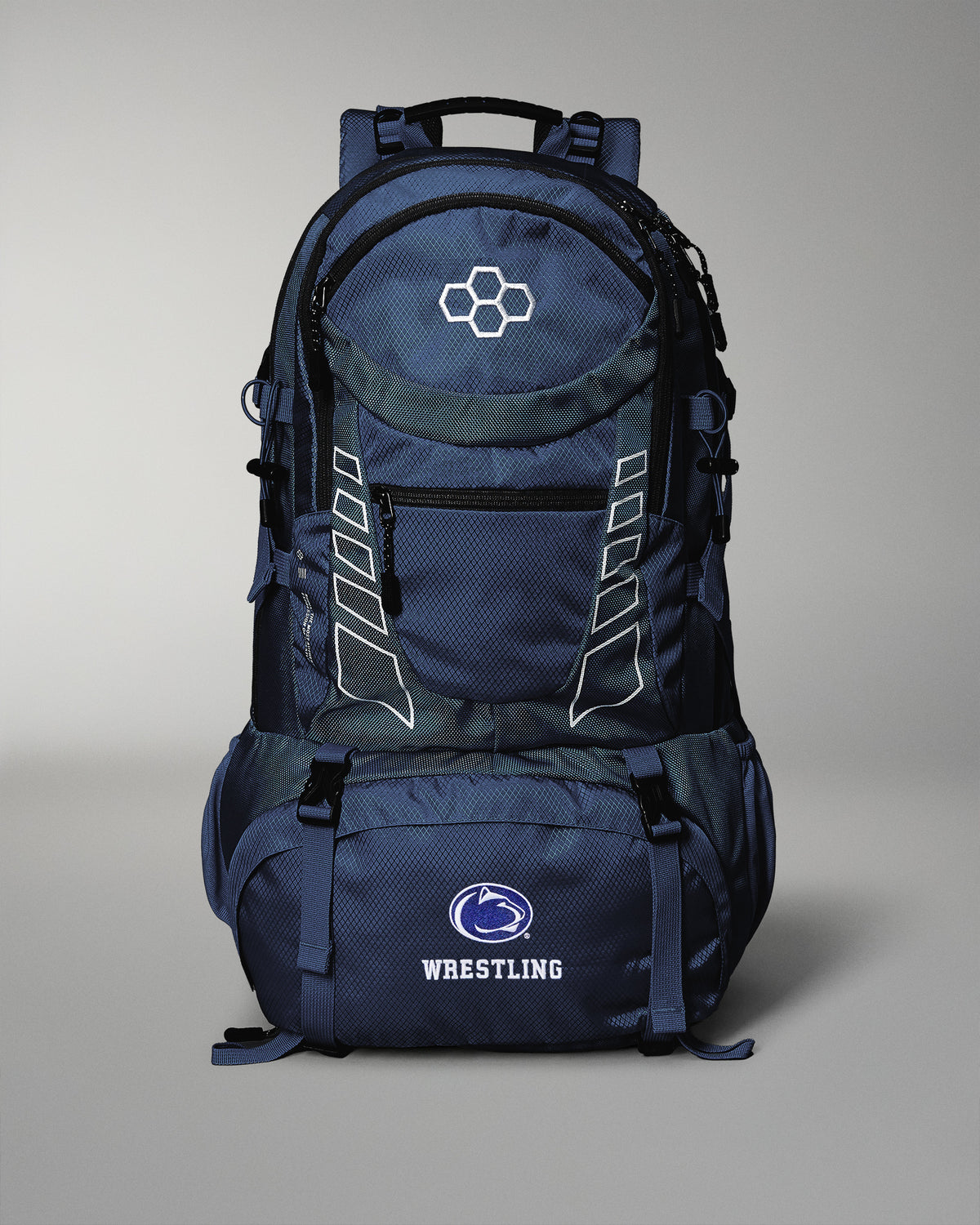 Navy blue backpack with wrestling logo on a gray background