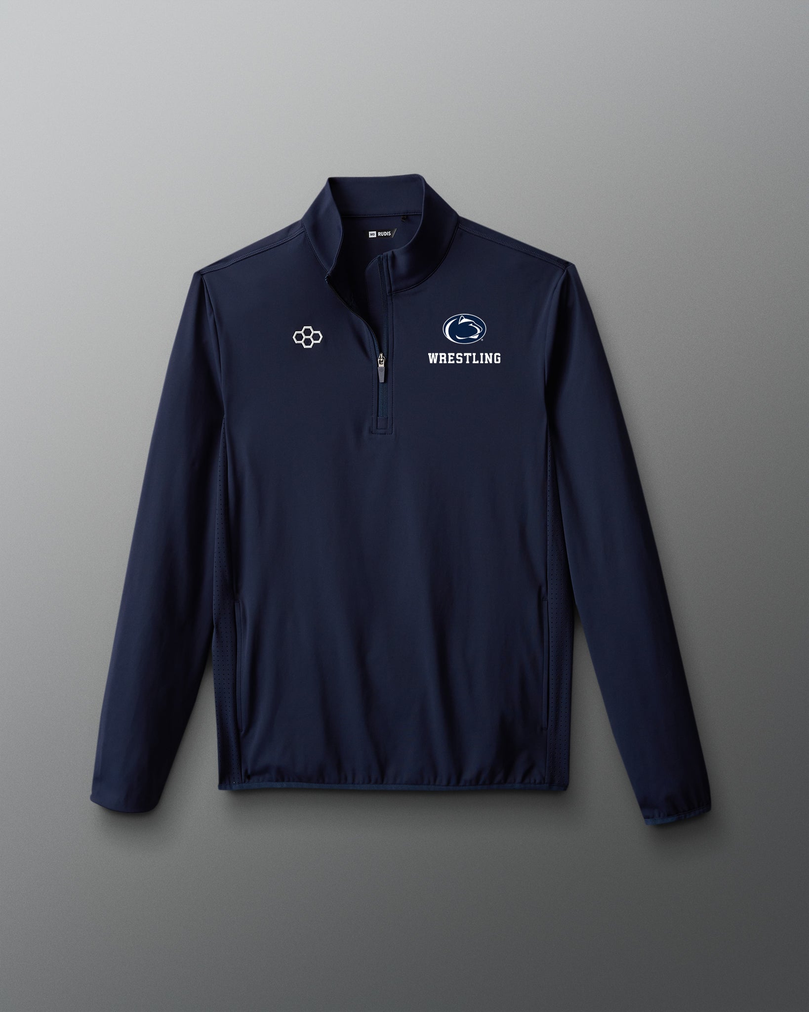 Navy pullover with 'Wrestling' text on a gray background