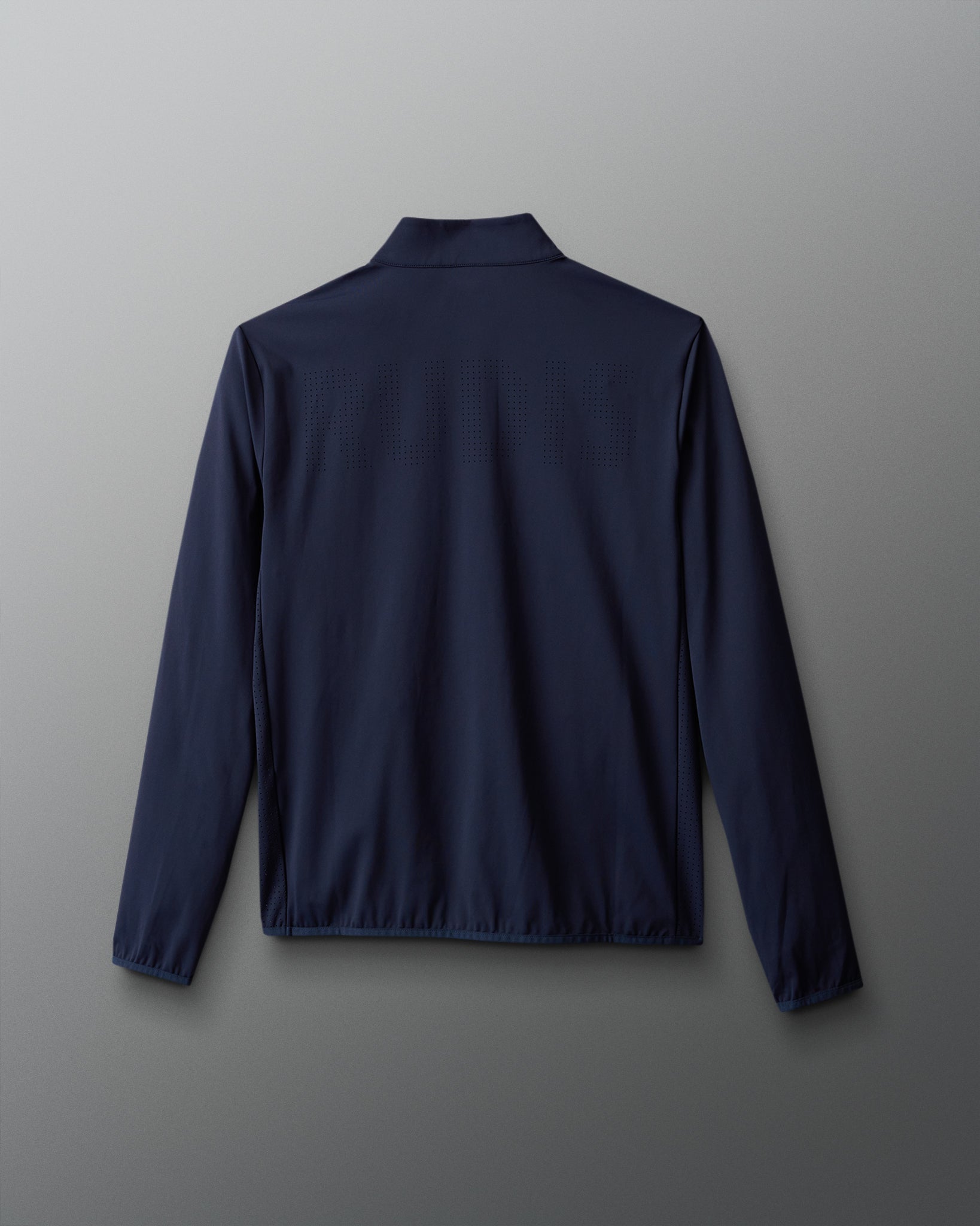 Navy blue long-sleeve shirt on a light gray background