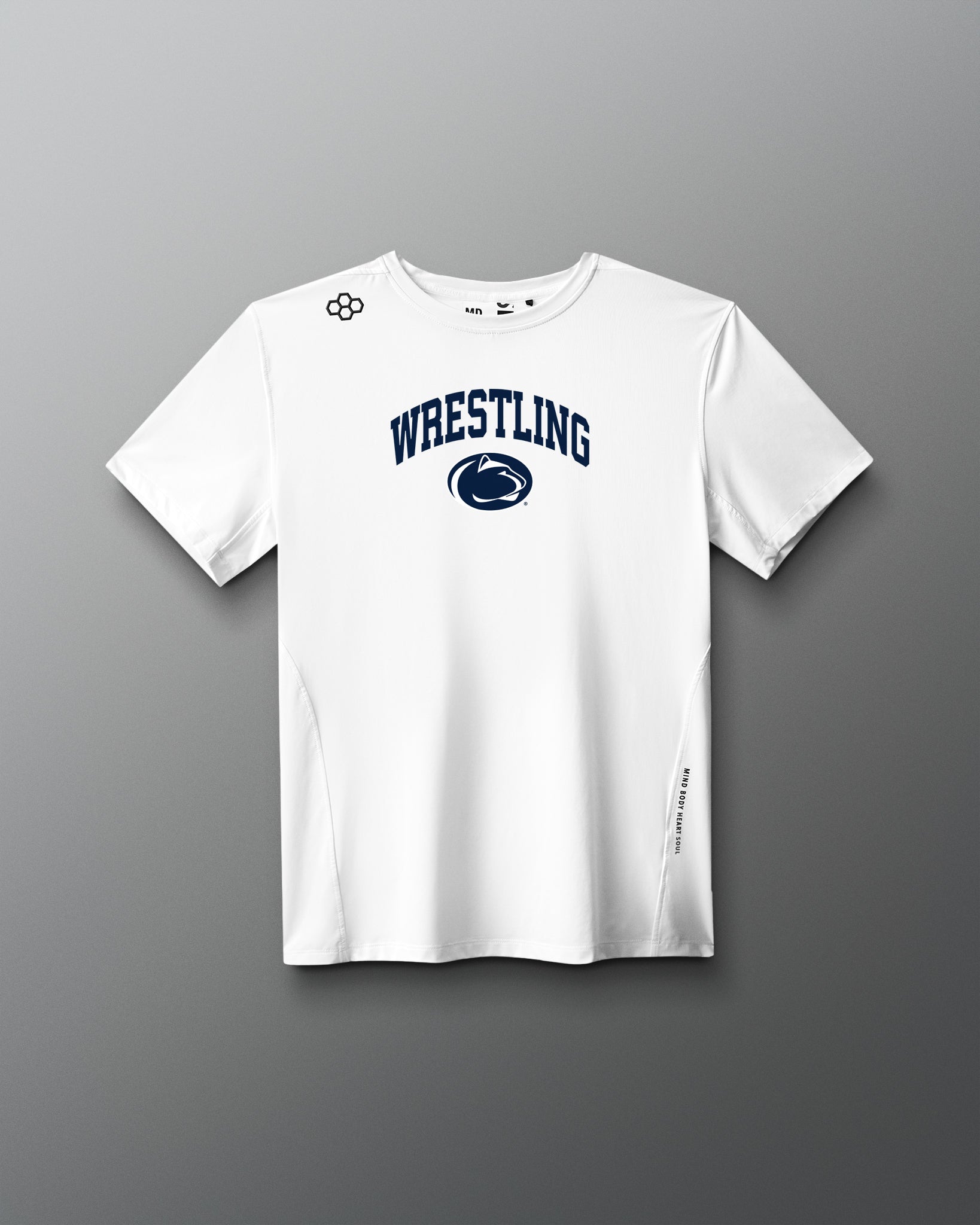 White t-shirt with 'Wrestling' text and logo on a gray background