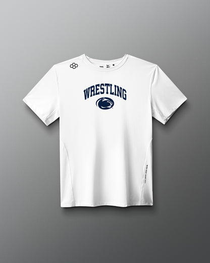 White t-shirt with 'Wrestling' text and logo on a gray background