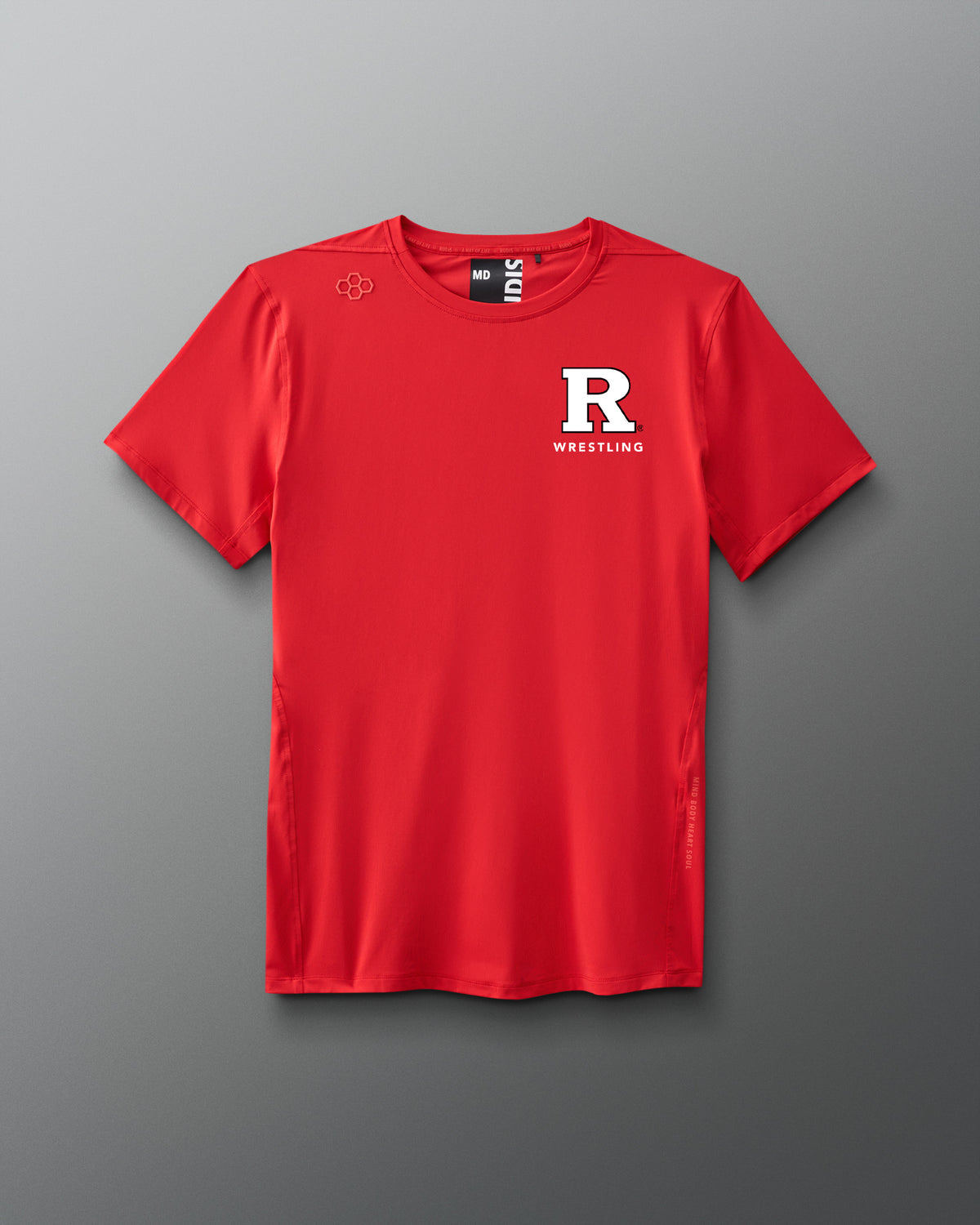 RUTGERS Wrestling logo Red t-shirt with a Rutgers logo on a gray background