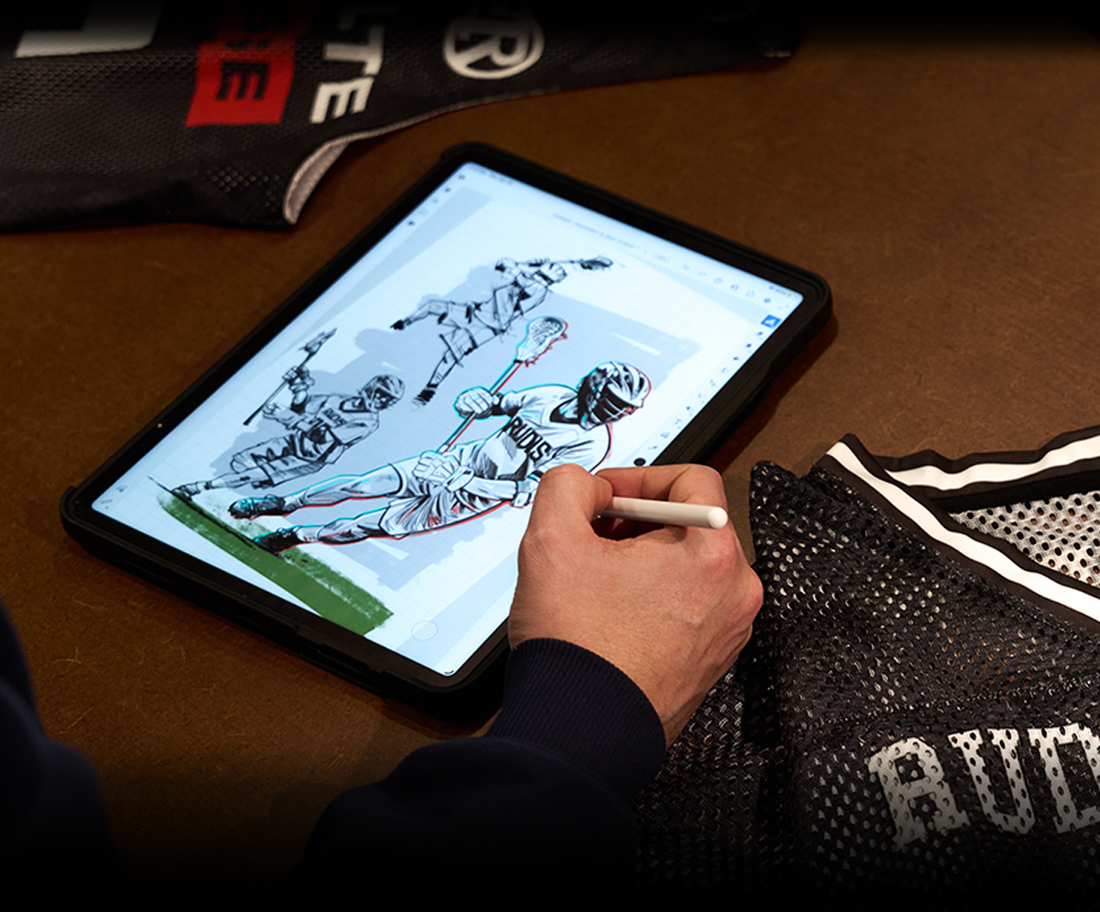 RUDIS Custom Team Gear design process featuring digital sketches for custom lacrosse uniforms, jerseys, and team apparel for Resolute Lacrosse.