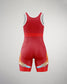 This image displays a sleek red athletic onesie designed for optimal performance featuring vibrant geometric patterns on the sides