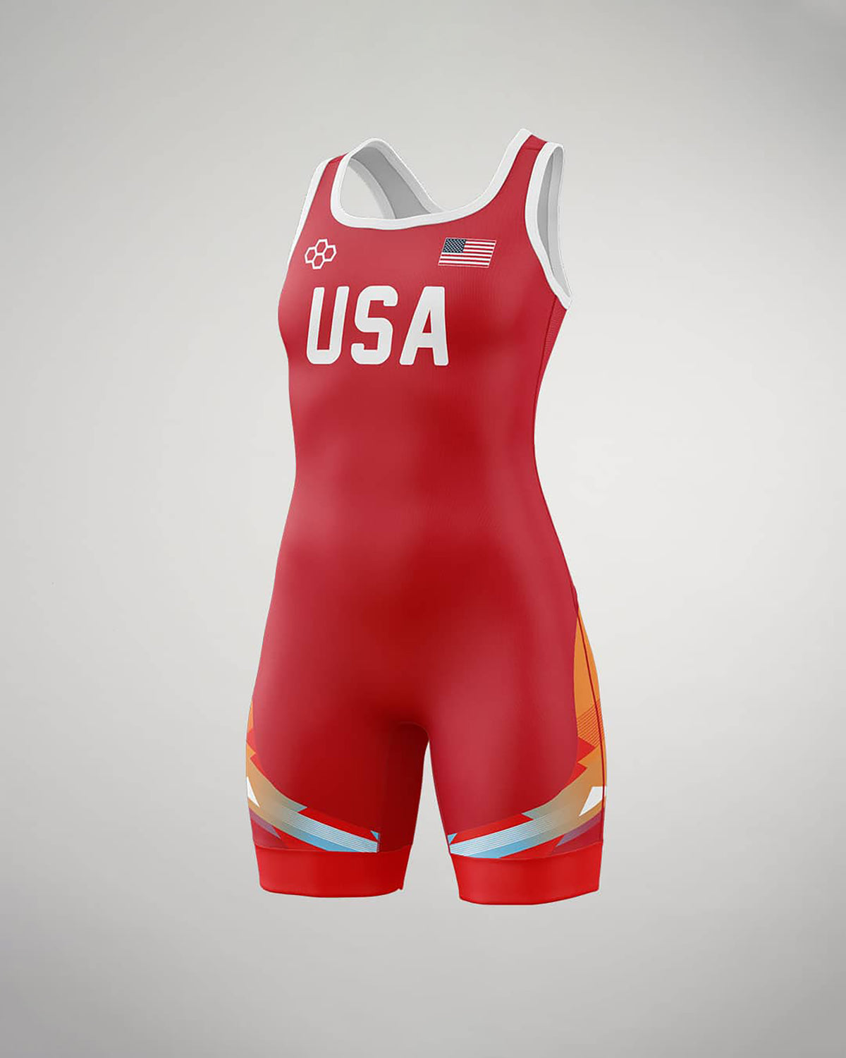 A vibrant red wrestling singlet featuring the text USA prominently displayed on the front along with an American flag emblem