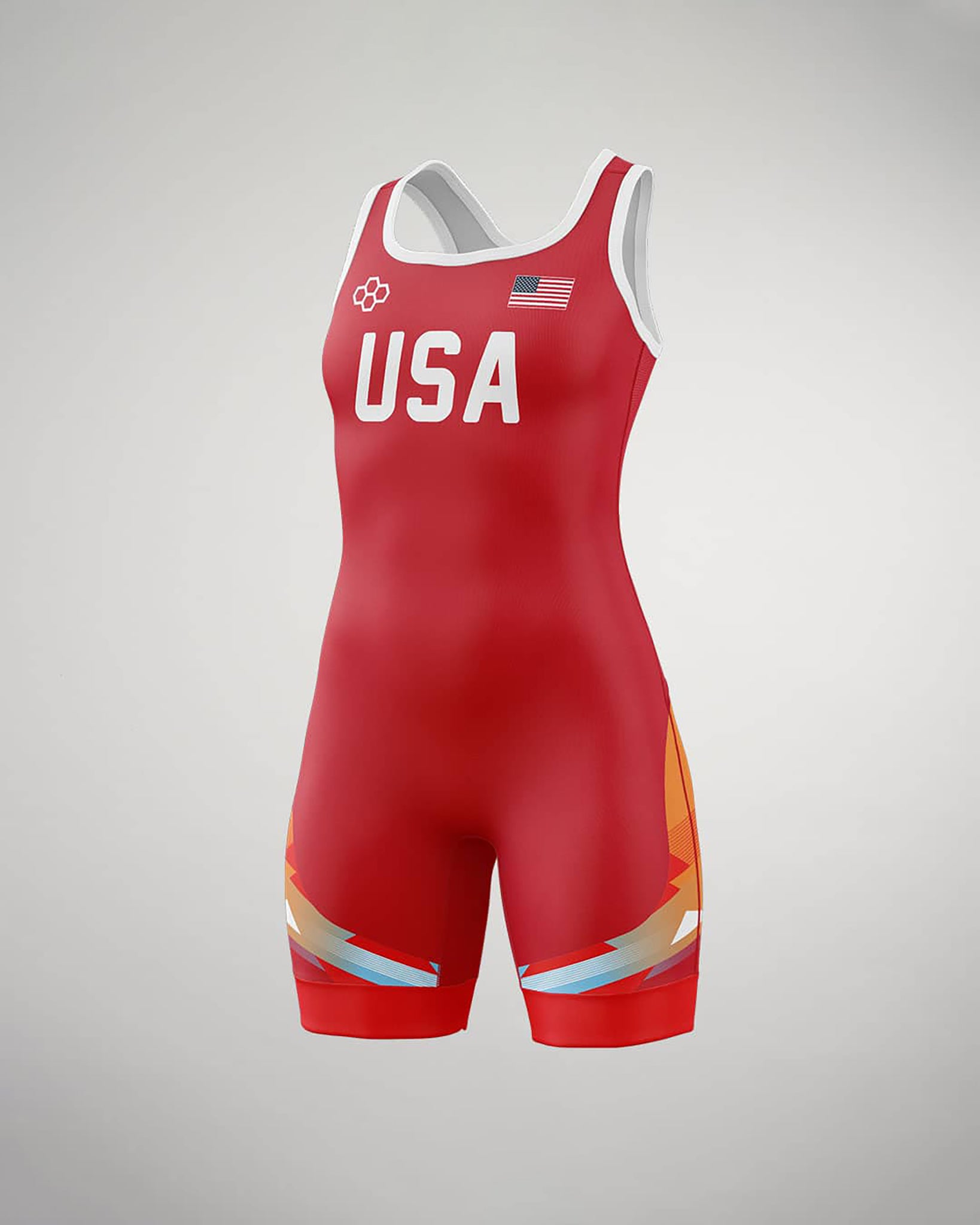 A vibrant red wrestling singlet featuring the text USA prominently displayed on the front along with an American flag emblem