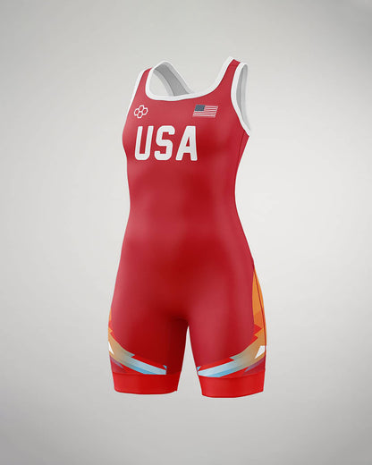 A vibrant red wrestling singlet featuring the text USA prominently displayed on the front along with an American flag emblem