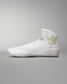High-top athletic shoe presented in white with a textured sole, gold logo, and padded collar, designed for comfort and performance against a soft gray background.