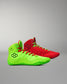 Pair of red and green Wrestling shoes on a gray background
