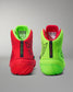 Red and green Wrestling shoes with visible branding on a gray background