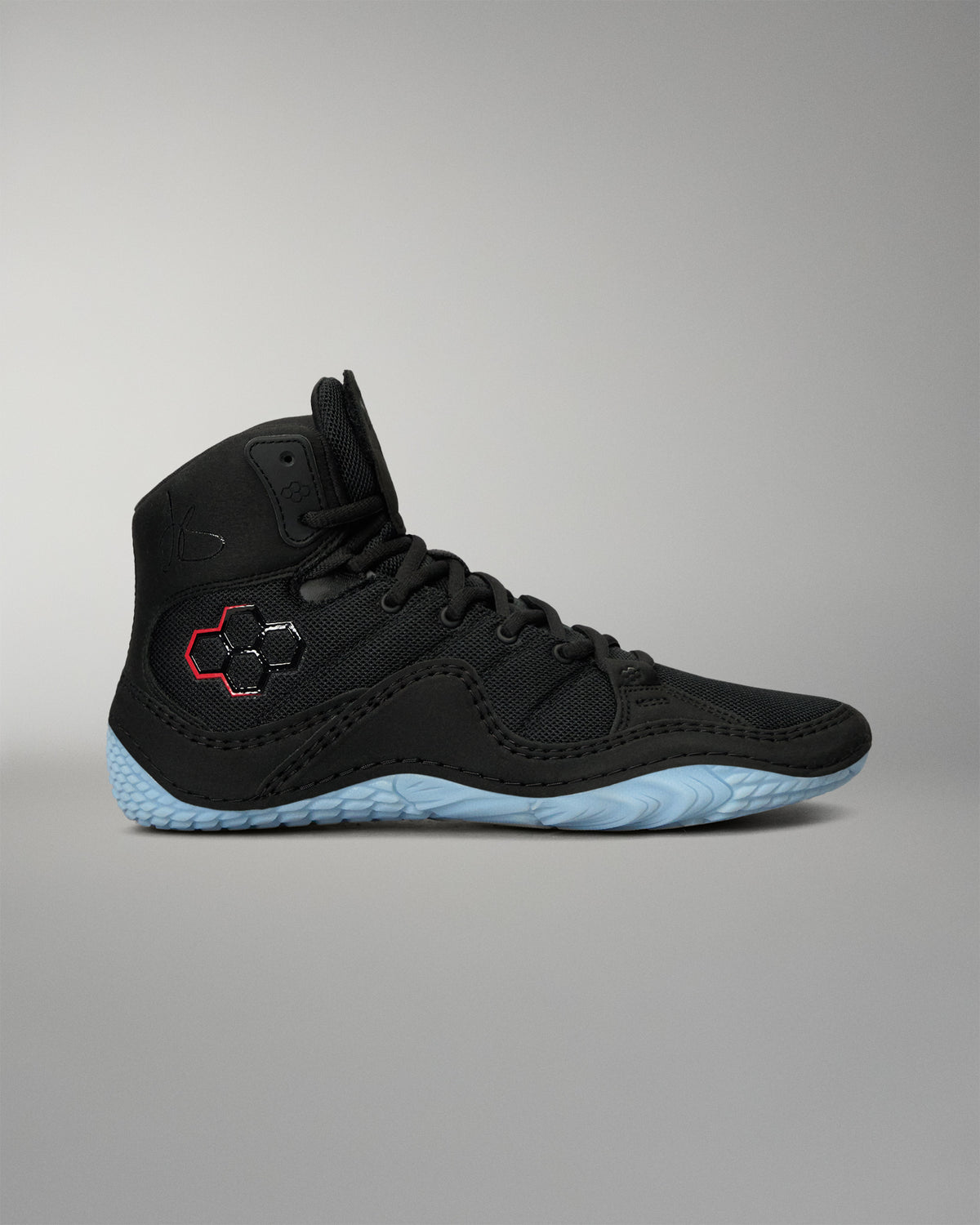 RUDIS JB1 Adult Wrestling Shoe in Dark Shark shown from the lateral side, featuring a black mesh and synthetic upper, RUDIS logo detail, and light blue outsole.