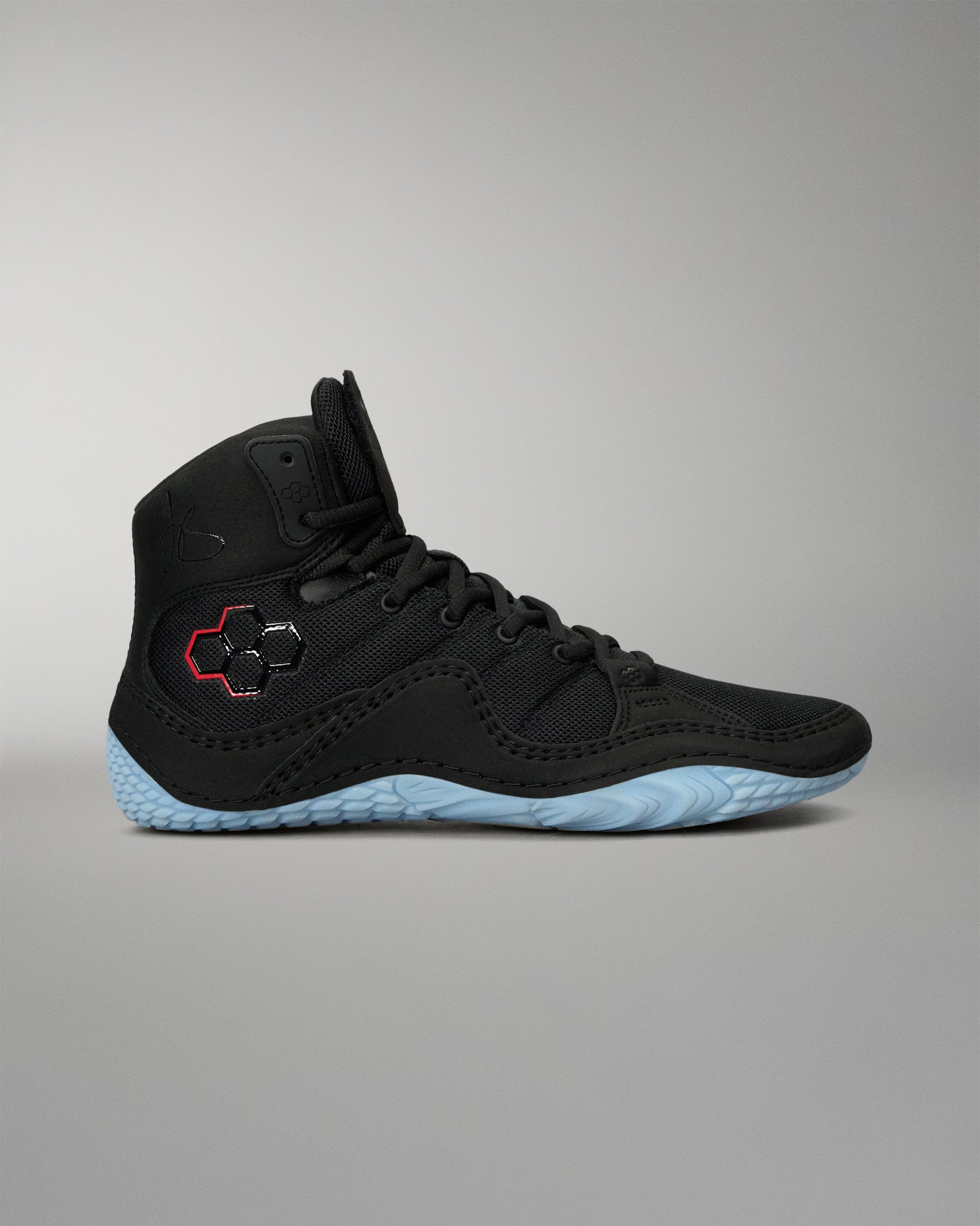 RUDIS JB1 Adult Wrestling Shoe in Dark Shark shown from the lateral side, featuring a black mesh and synthetic upper, RUDIS logo detail, and light blue outsole.