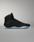 RUDIS JB1 Adult Wrestling Shoe in Dark Shark shown from the lateral side, featuring a black mesh and synthetic upper, RUDIS logo detail, and light blue outsole.
