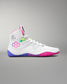 White wrestling shoe with colorful accents on a gray background