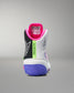 Multicolored wrestling shoe with visible branding on a gray background