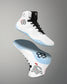 A pair of high-top athletic wrestling shoes shown floating against a smooth gray gradient background. The shoes are primarily white with black laces, black and red geometric logo details, and light blue accents on the sole and heel area.