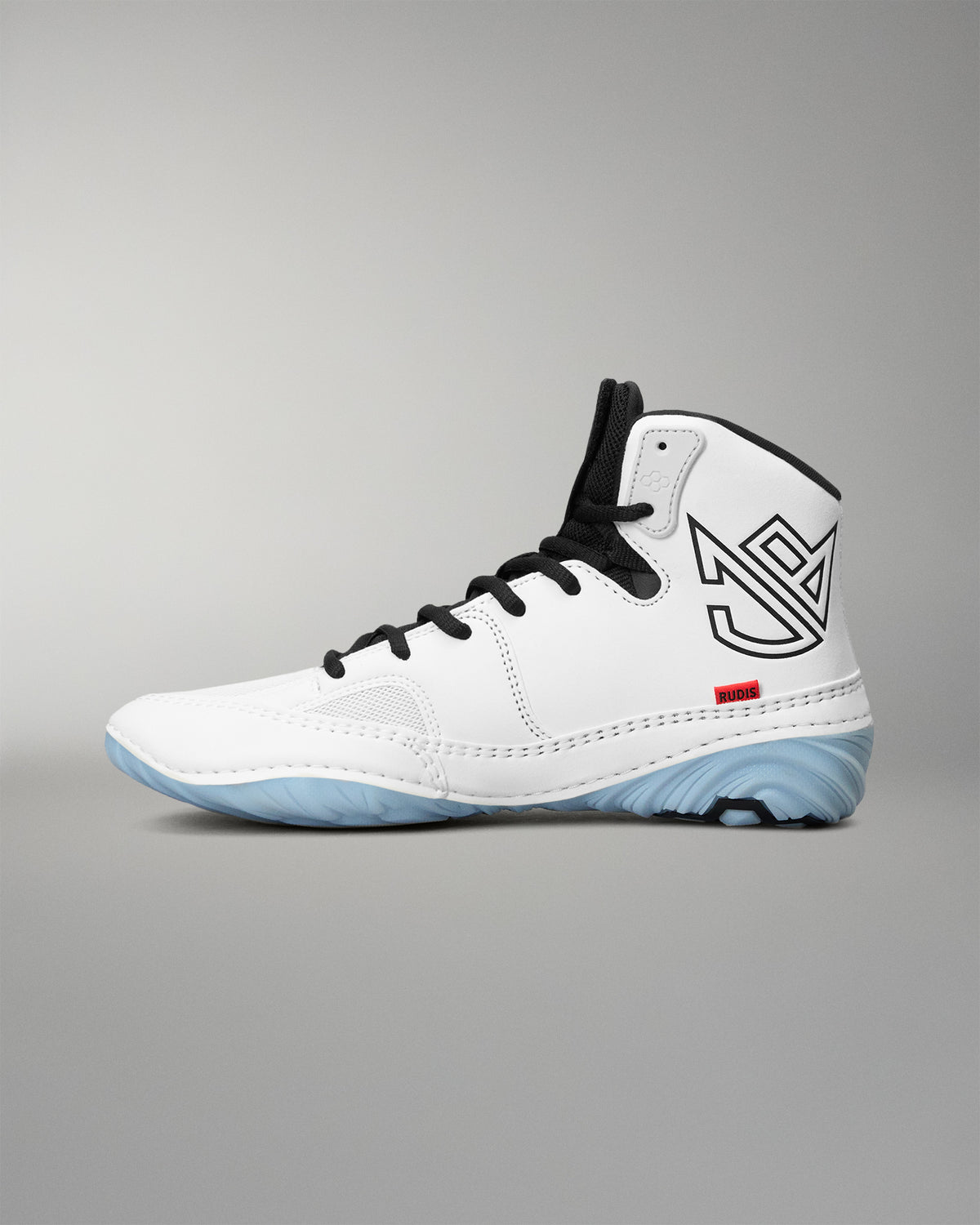 A high-top white wrestling shoes with black laces, a black geometric logo on the heel, and a light blue outsole, shown against a neutral gray background.