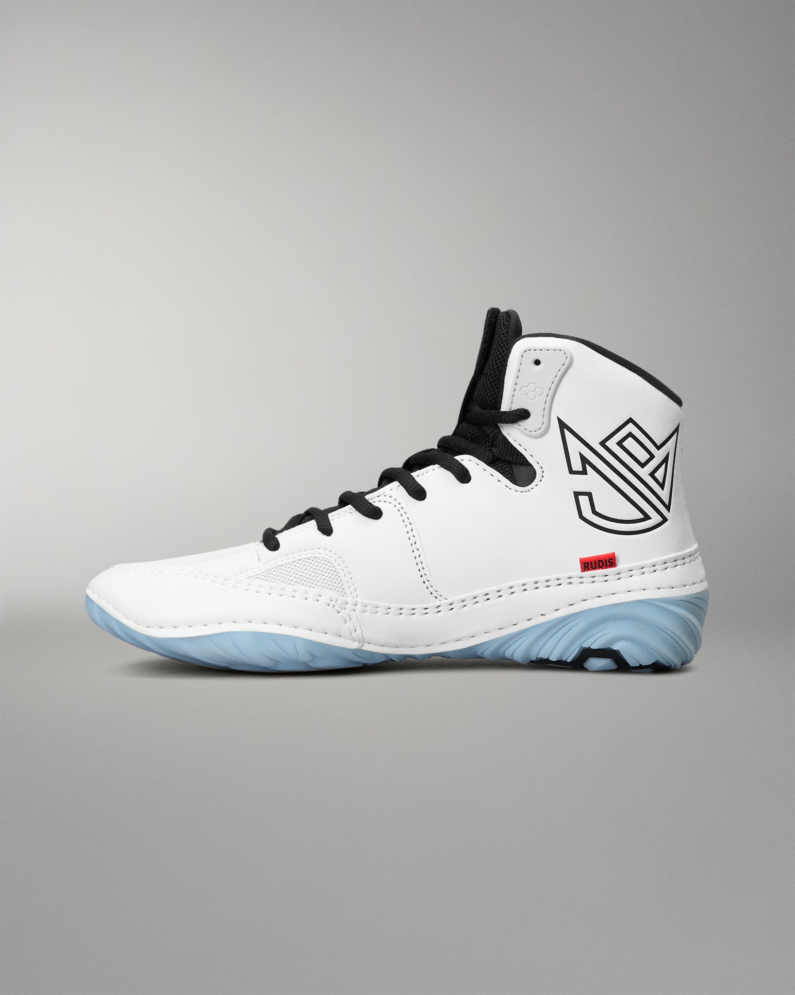 A high-top white wrestling shoes with black laces, a black geometric logo on the heel, and a light blue outsole, shown against a neutral gray background.