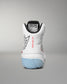 A white high-top wrestling shoes shown from the back, featuring a black collar, a light blue textured outsole, and graphic details including a black geometric logo, red text reading 'ALL I SEE IS GOLD', and a signature on the side.