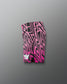 Pink and black patterned shorts on a gray background