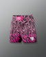 Pink and black patterned shorts with a logo on a gray background