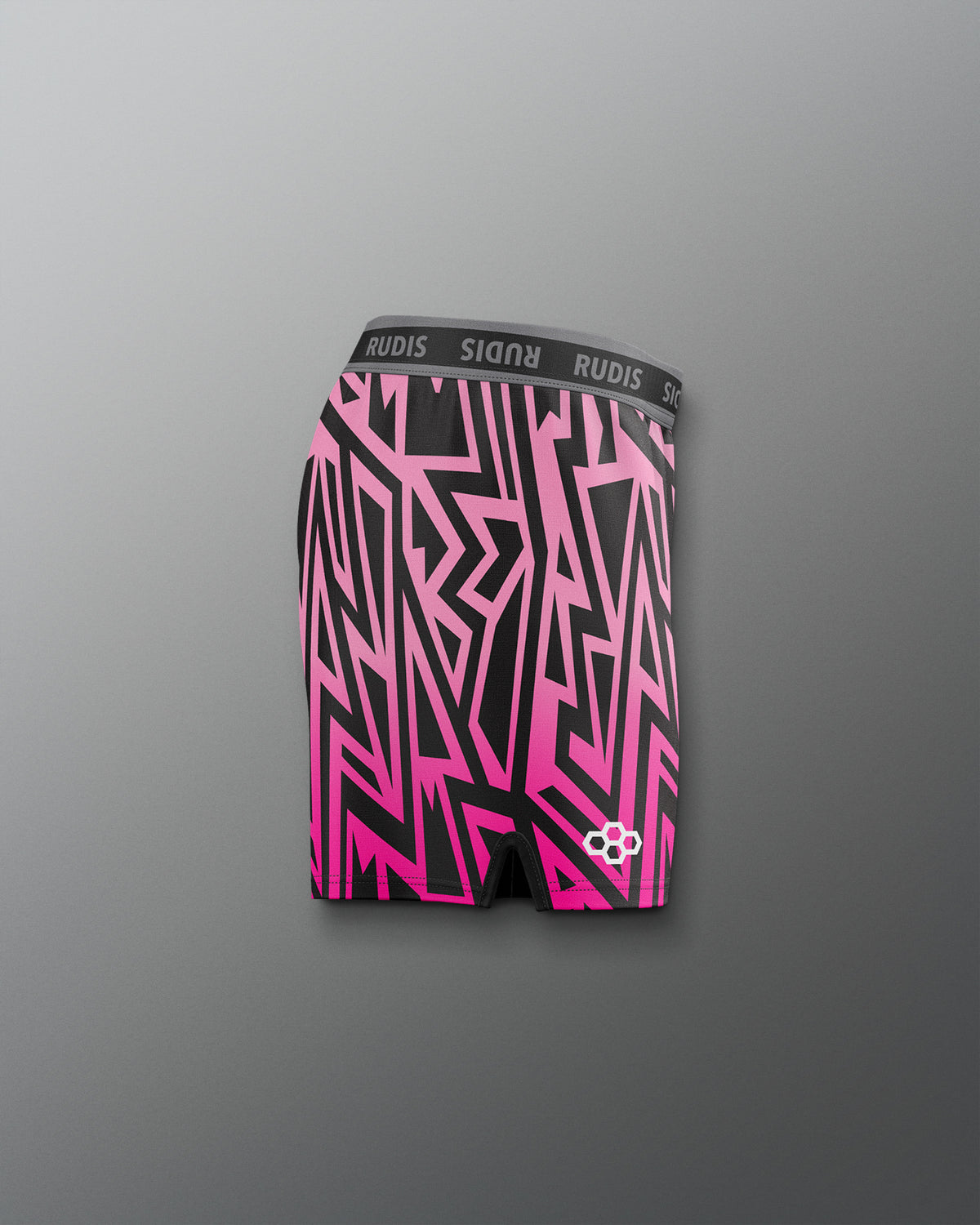 Pink and black patterned boxer briefs with 'RUDIS' branding on a gray background
