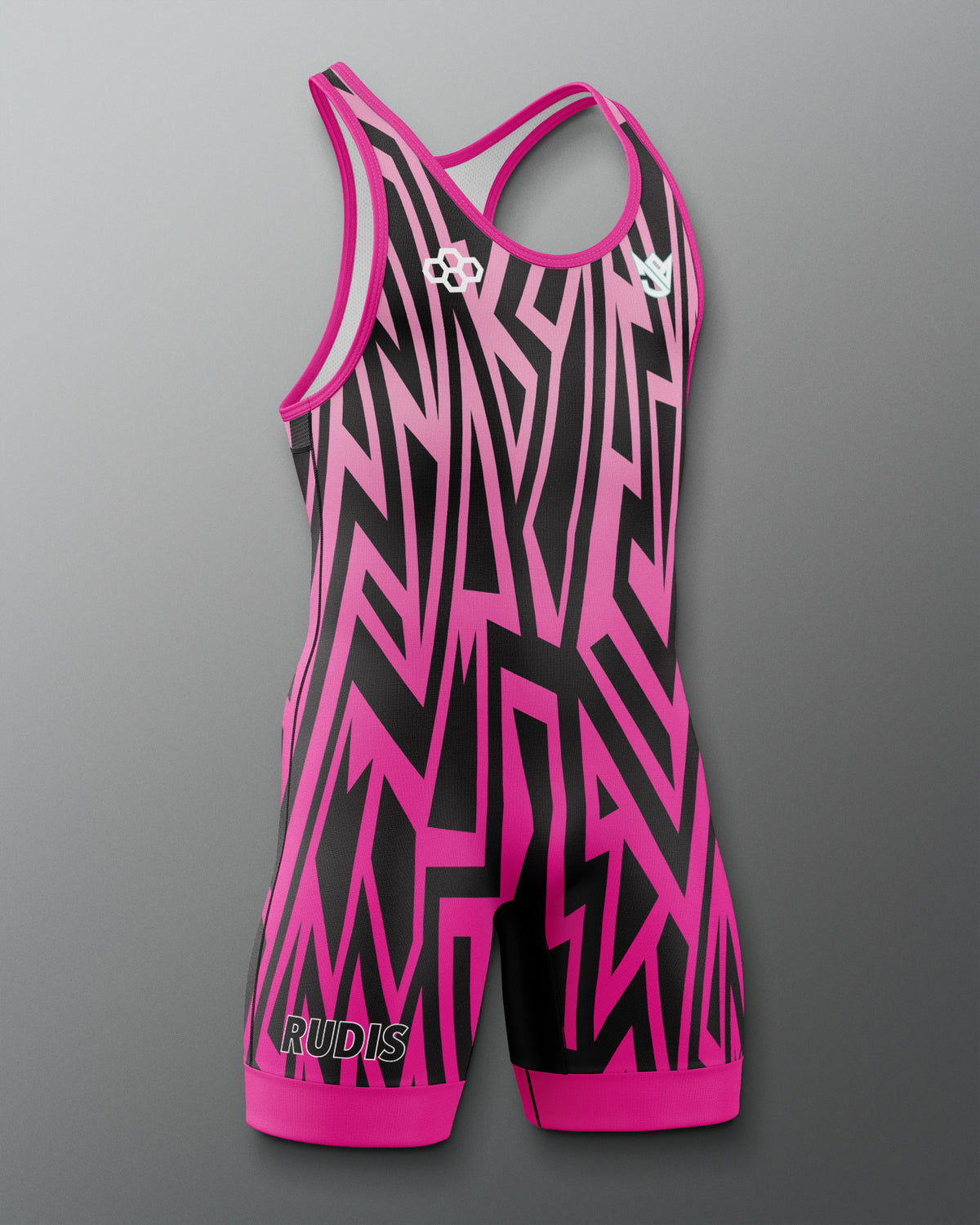 Pink and black patterned wrestling singlet on a gray background