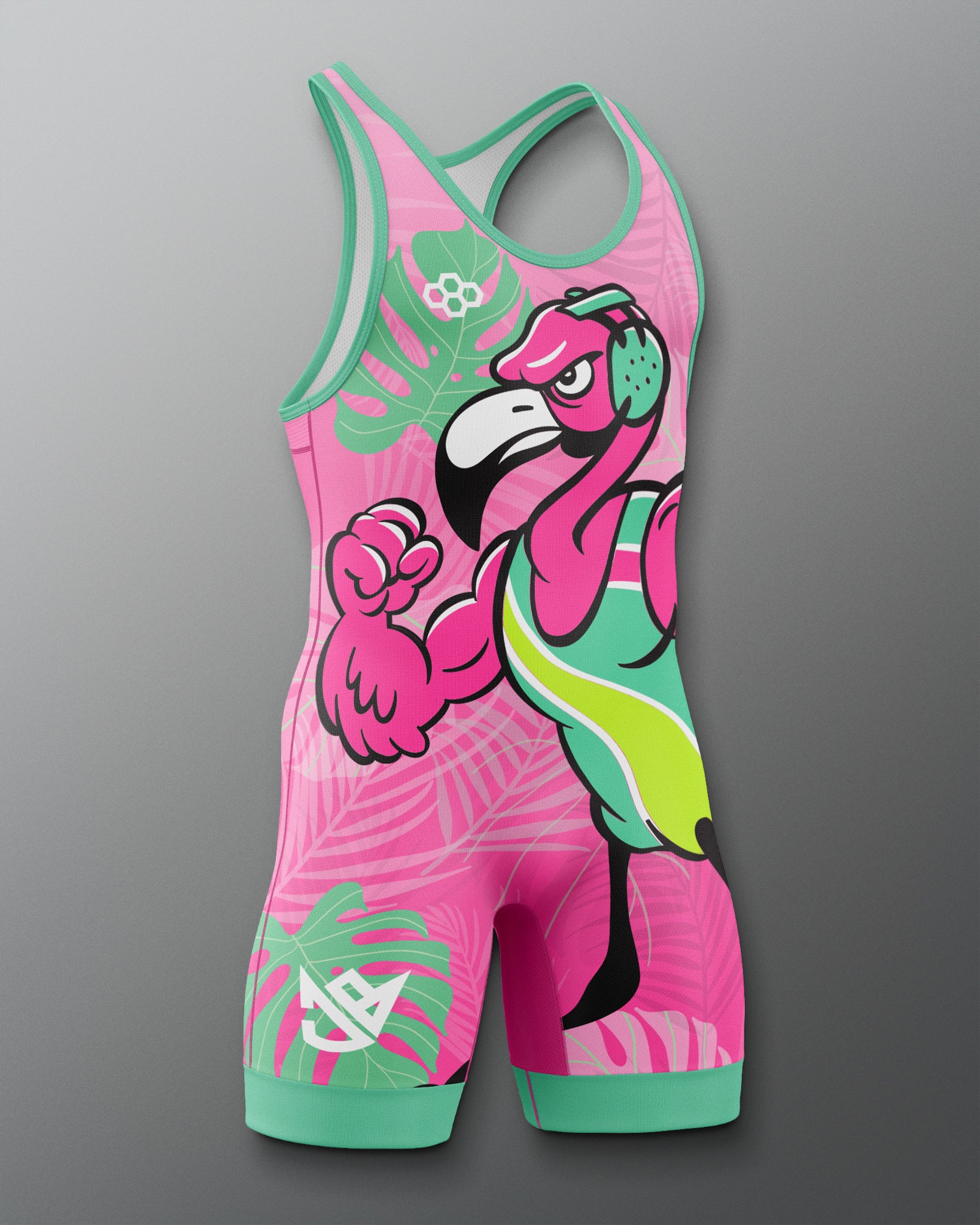 Pink and green athletic suit with flamingo design on a gray background
