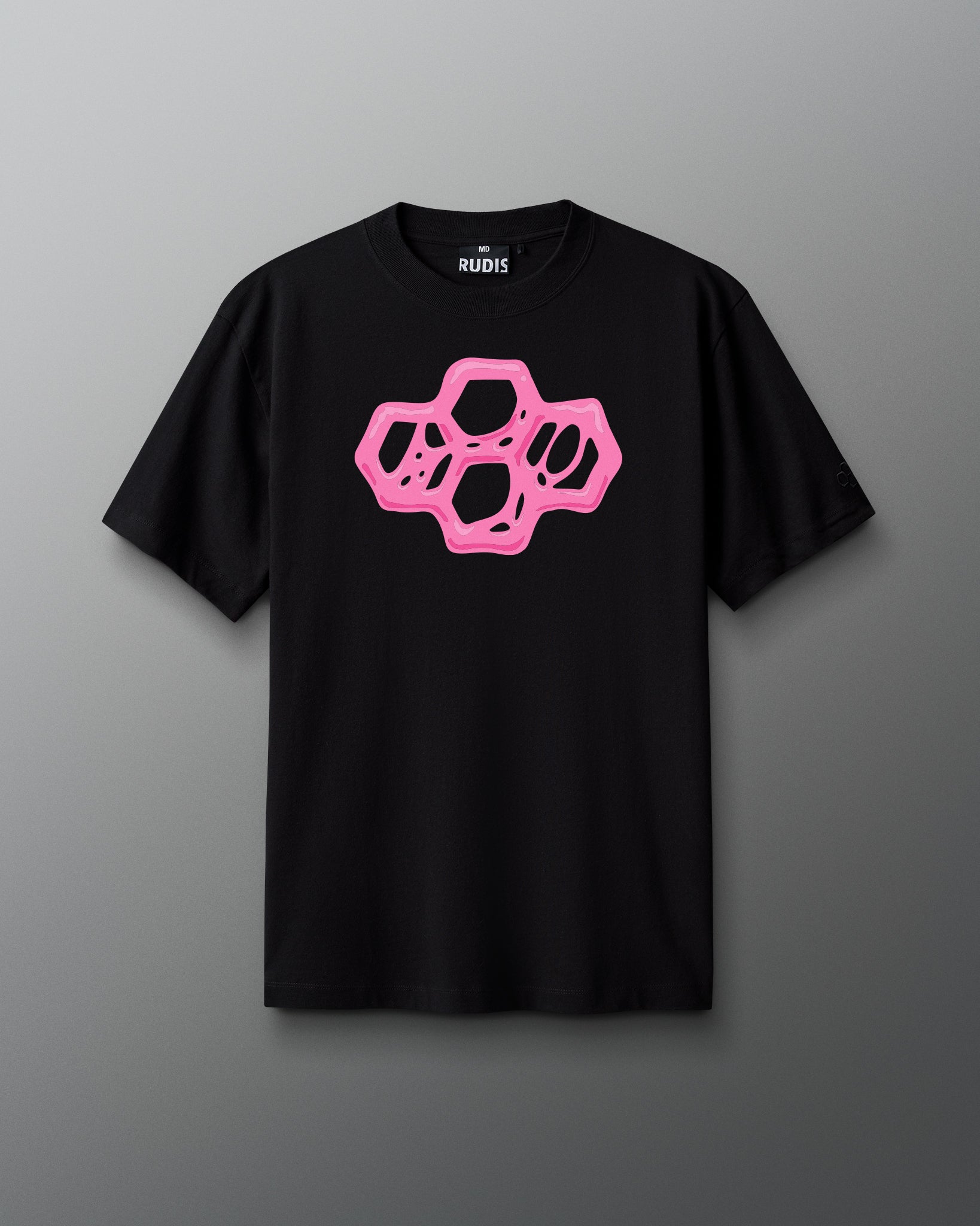 A black short-sleeve T-shirt with a pink graphic design on the front.
