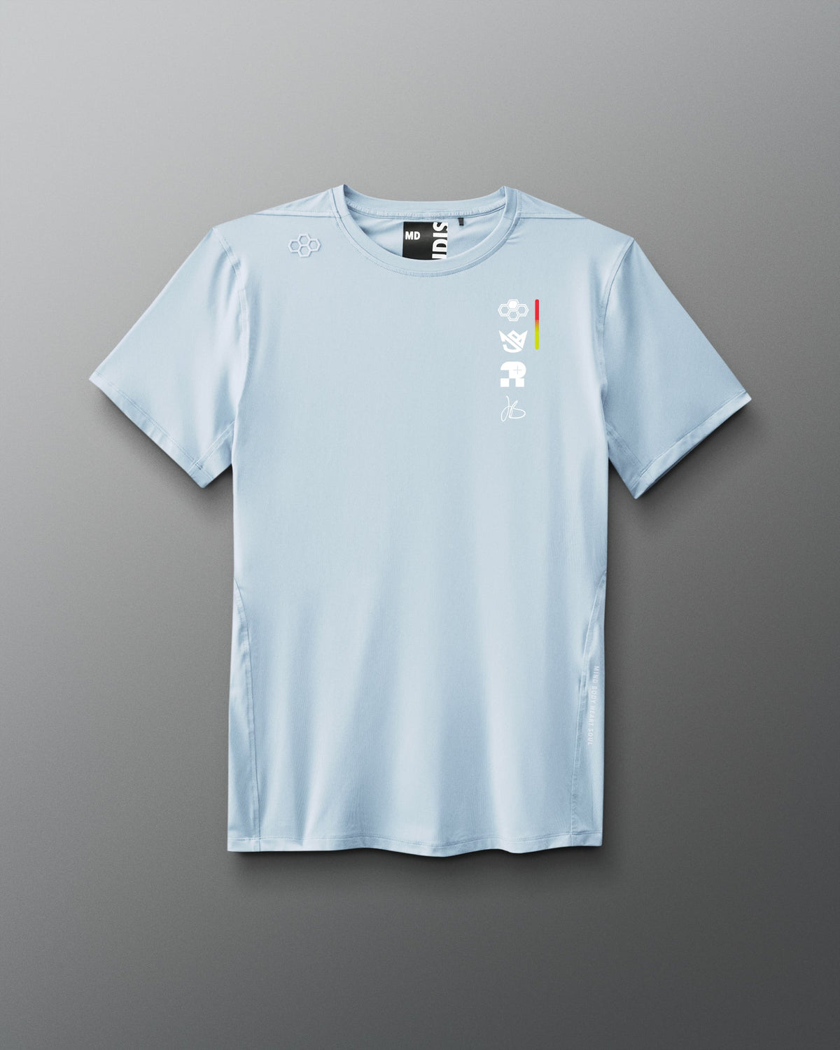 Light blue t-shirt with a logo on a gray background