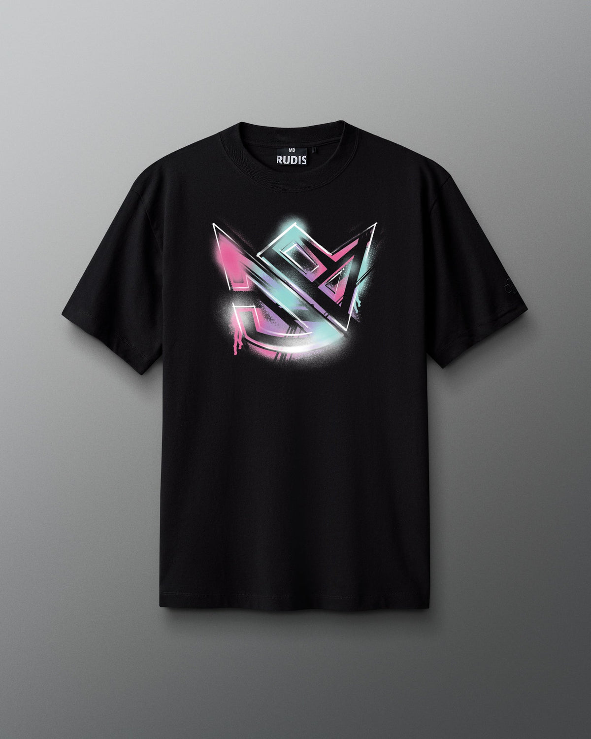 Black t-shirt with a colorful logo on a gray background