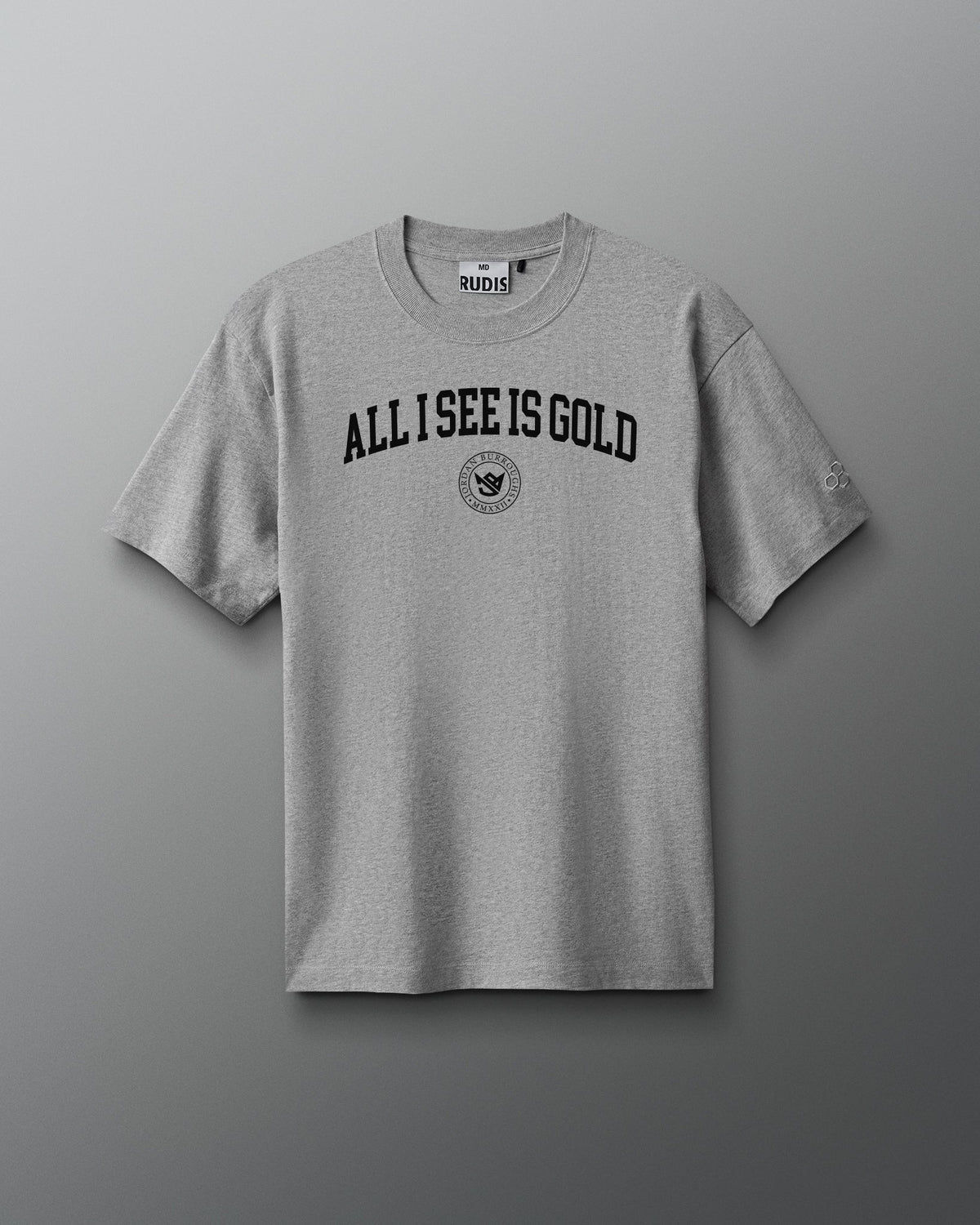 Gray t-shirt with 'All I See is Gold' text on a gray background