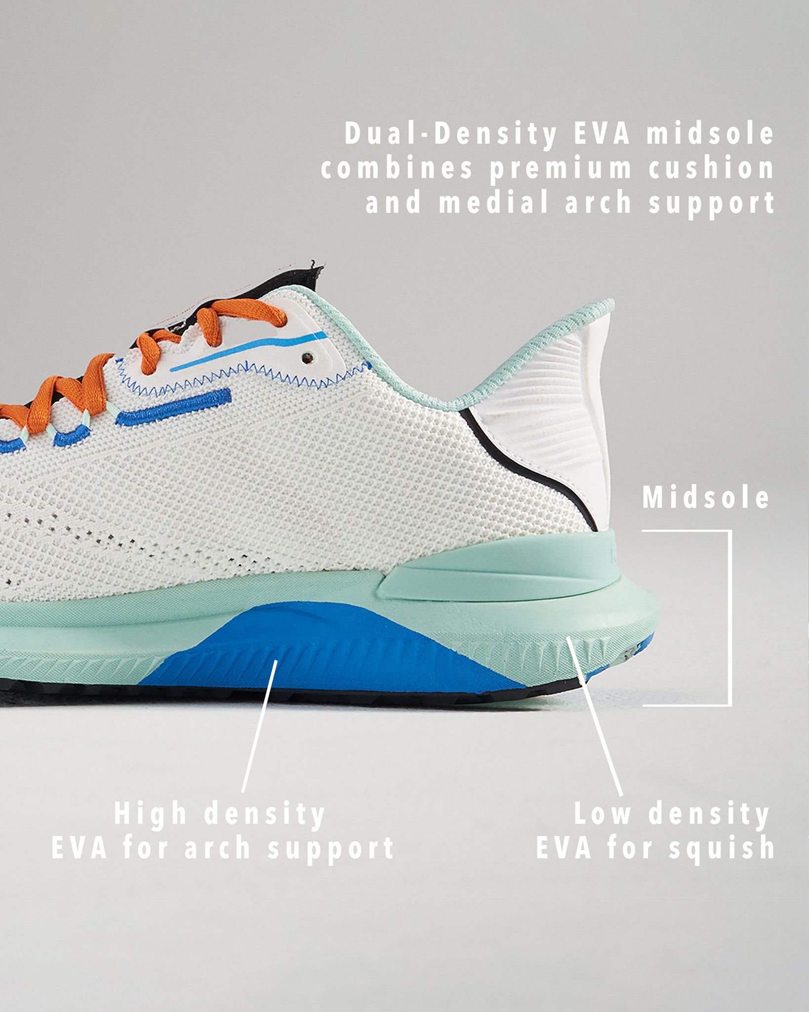 A modern athletic shoe featuring a dual-density EVA midsole for cushioned support and breathable design elements