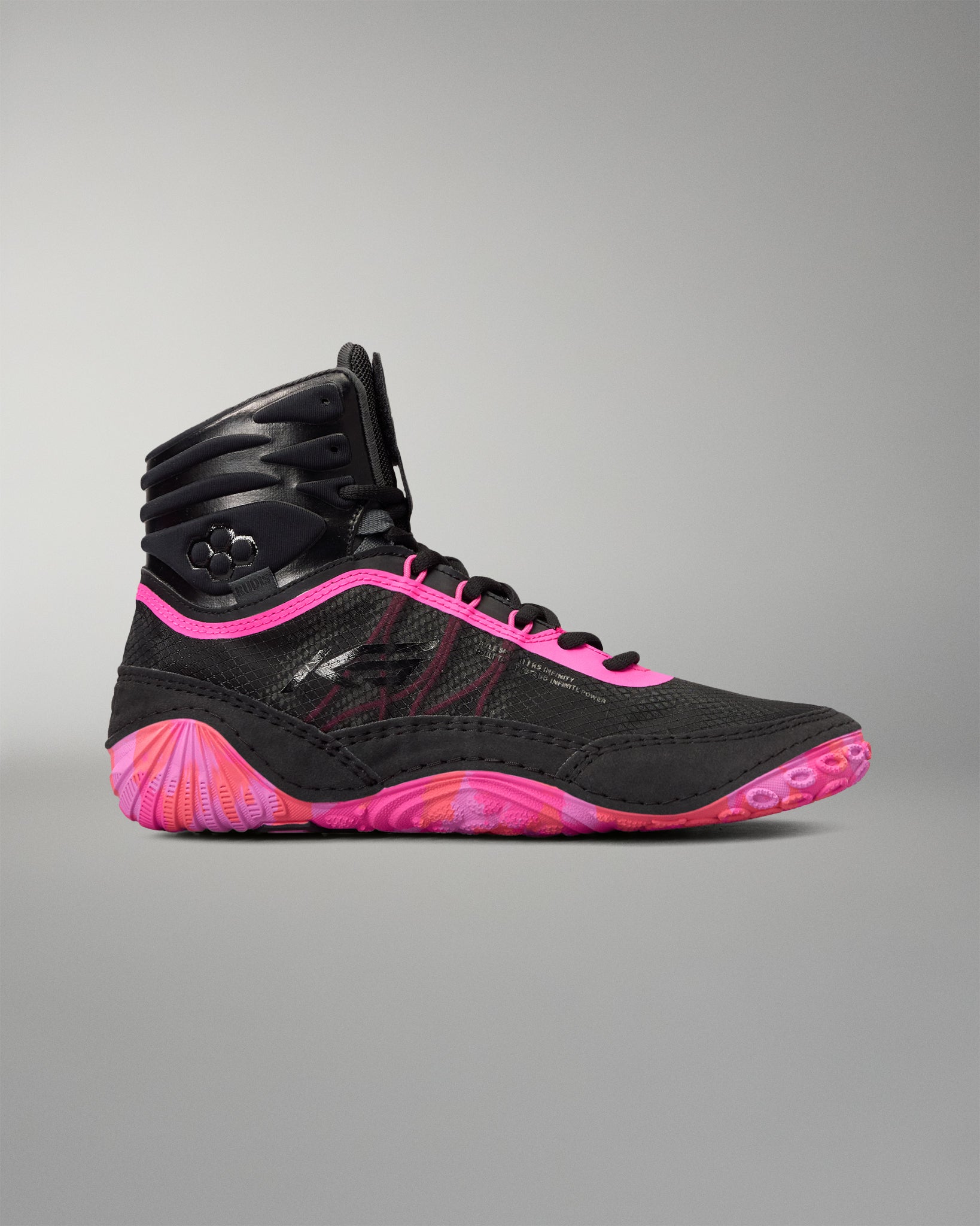 A high-top athletic Wrestling shoe in black with vibrant neon pink accents and a patterned pink midsole, shown in a side profile on a neutral gray background.
