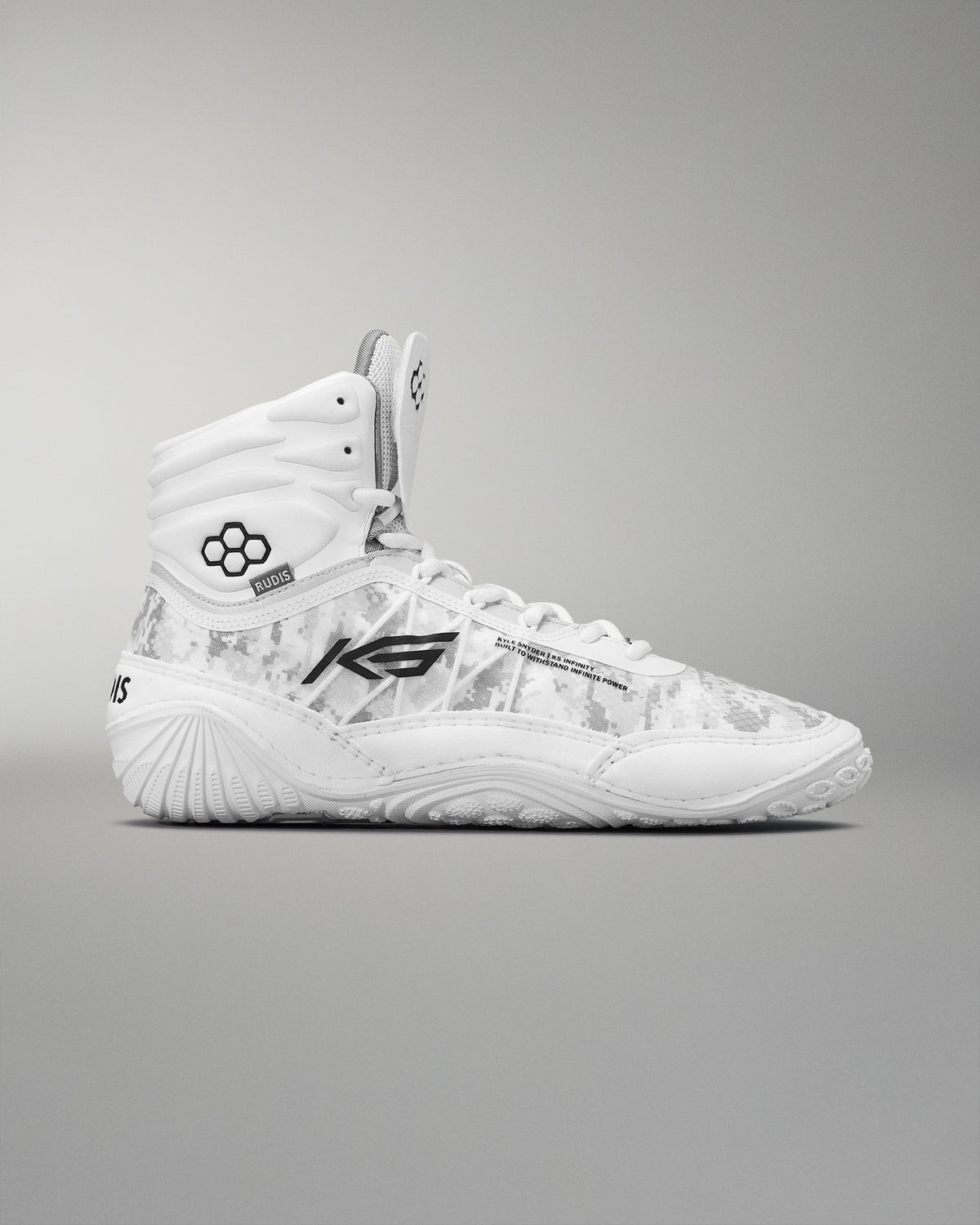 High-top wrestling shoe displaying a white design with a subtle camouflage pattern and black accents, featuring a padded collar for support and a traction-focused sole.