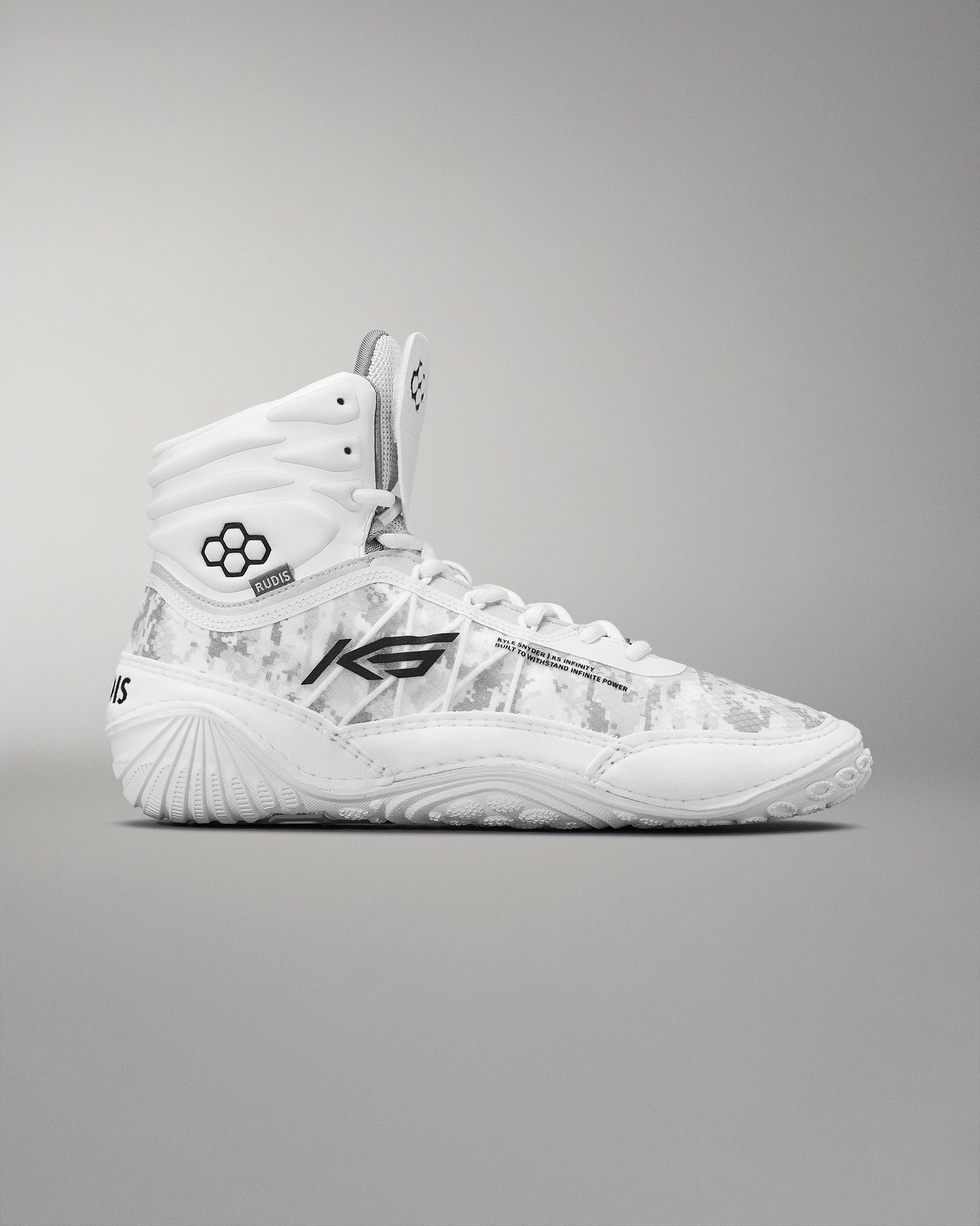High-top wrestling shoe displaying a white design with a subtle camouflage pattern and black accents, featuring a padded collar for support and a traction-focused sole.
