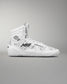 High-top wrestling shoe displaying a white design with a subtle camouflage pattern and black accents, featuring a padded collar for support and a traction-focused sole.