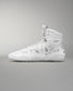 A high-top wrestling shoe  in white with a subtle camouflage pattern includes a padded collar and textured sole for grip, suitable for sports activities.