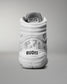 back view of white wrestling shoe with RUDIS word mark logo on heal